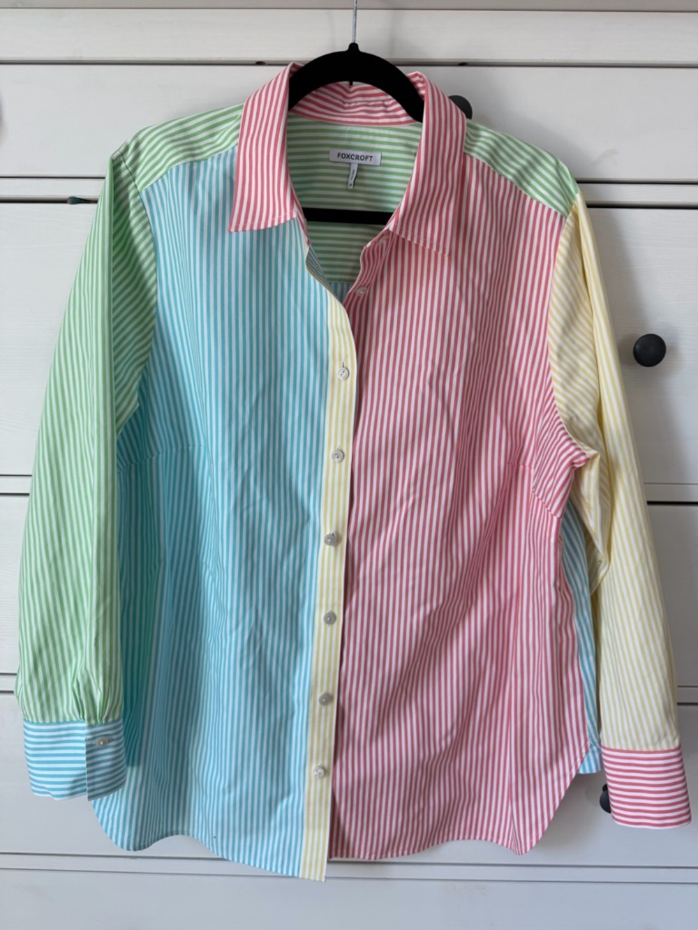 Foxcroft Meghan Pastel Stripe Button-Up Shirt in Pink, Blue, Green, Yellow